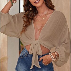 Chic Beige Tie-Front Blouse